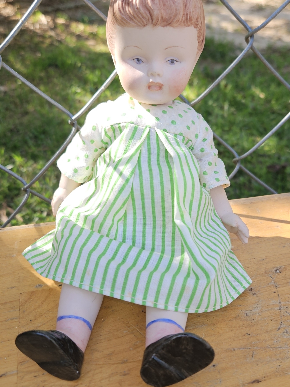 Vintage-Style Kids Doll in Green Stripe Dress